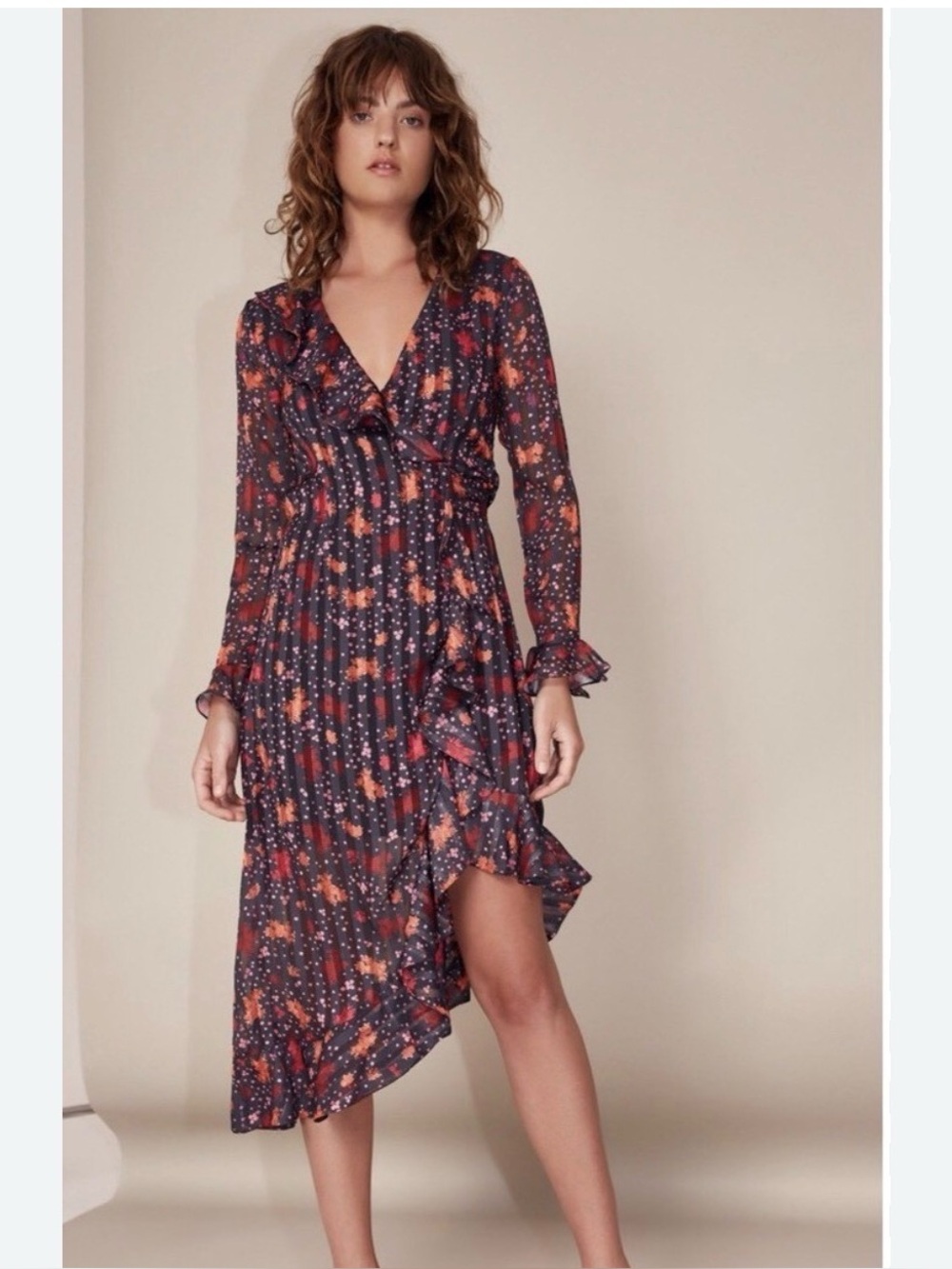 C/MEO Collective Black Floral Ruffle High-Low Wrap Dress